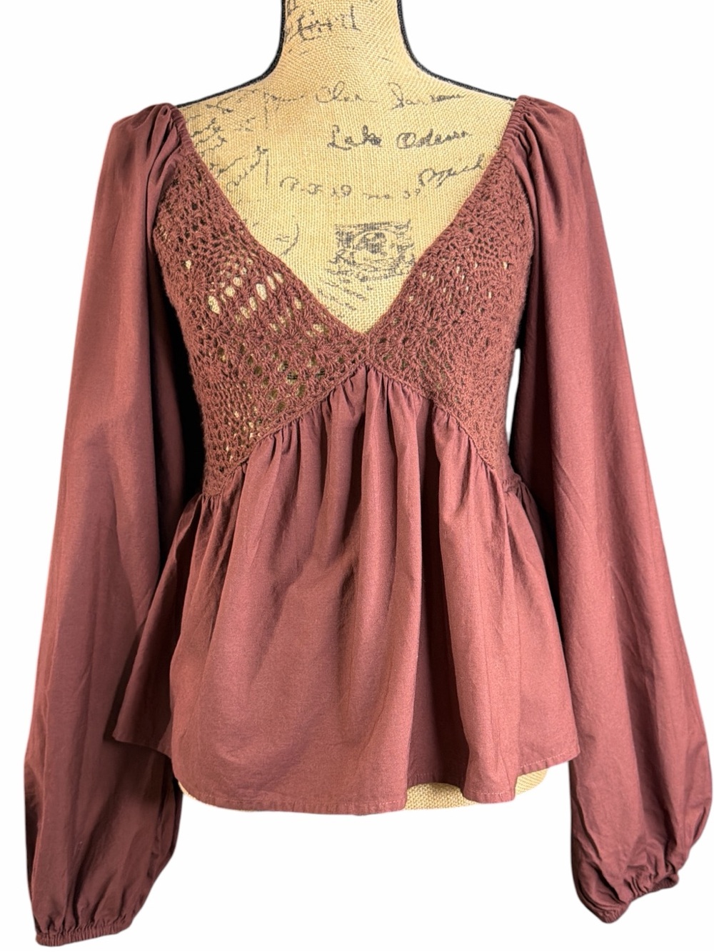 ASOS Crochet-Front Long Puffy Sleeve Peasant Blouse Xhocolate Brown EC size. 8
